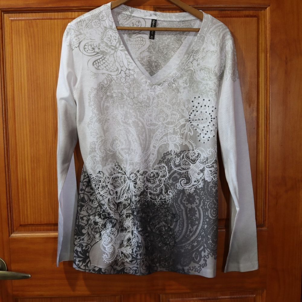 Massini Sublimation Print Long Sleeve V Neck Top XL Boho Abstract Blouse